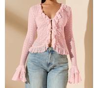Blusa con maniche lunghe, arricciatura sull'orlo, legatura in pizzo con un tocco sexy e minimalista in colore albicocca, adatta per la primavera e l'estate, ideale per San Valentino, feste, appuntamen