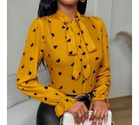 Blusa da donna a maniche lunghe con stampa a cuore e farfalle, con nodo davanti, adatta come abbigliamento per il Capodanno L,M,S,XLBlocchi di colore,Geometrico,Cuore,stampa dappertuttoPoliestere