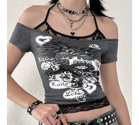 Blusa da donna alla moda in stile retrò americano Y2K, con pizzo color block a spalle scoperte e stampa, aderente L,M,S,XSFrutta & verduraTessuto in maglia