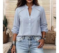 Blusa da donna con colletto alto, inserti in pizzo e patchwork sulle spalle, casual chic costiero, a righe blu e bianche tropicali, maniche a lanterna, per primavera/autunno, da ufficio L,M,S,XLA stri