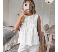 Blusa da donna con scollo rotondo senza maniche, arricciata, a-line, stile bambola, 100% cotone tracciabile, tessuto comodo, casual, rilassato, elegante, stile old money, per pendolarismo e vacanze, p
