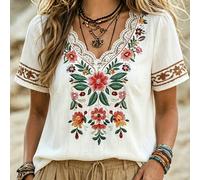 Blusa da donna con stampa floreale, pizzo e inserti, manica corta, adatta per feste, appuntamenti, cene, rientro a scuola, festa della mamma, festival, uso casual quotidiano, pendolarismo, vacanze L,M