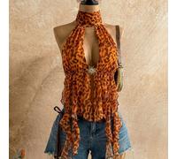 Blusa da donna con stampa leopardata, schiena scoperta, fiocco, orlo fluente, adatta per spiaggia, vacanza, appuntamento, vacanza al mare, pomeriggio del tè, stagione di matrimoni, crociera in riva al