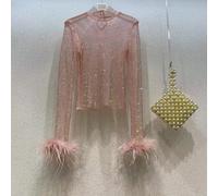 Blusa Da Donna Con Strass Cristallo T Shirt Manica A Fieno Rete Lucida Glitter