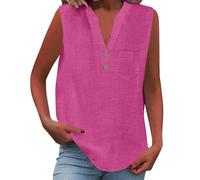 Blusa da donna elegante senza maniche in lino, camicia estiva in cotone e lino, t-shirt in lino con scollo a V, canotta oversize, mussola casual, maglietta a tunica con bottoni, top estivo, Rosa