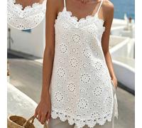 Blusa da donna in pizzo bianco con spacchi laterali senza maniche, in pizzo traforato, adatta per feste, appuntamenti, cene, matrimoni, vacanze al mare, versatile per uso casual quotidiano e per andar