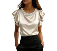Blusa da donna in raso a maniche corte, elegante, girocollo, con doppia decorazione a volant, estiva, bluse tunica, casual, business, top scollato, camicie da lavoro, T-shirt S-XXL, oro rosa, L