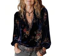 Blusa da donna in velluto floreale bohémien, top a maniche lunghe con scollo a V profondo, abbigliamento autunnale, perfetto per creare un look bohémien unico per le vacanze L,M,S,XL,XXLStampa Casuale