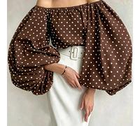 Blusa da donna vintage francese a pois con spalle scoperte, stile elegante da pendolare con grandi maniche a sbuffo, base marrone classica con stampa a pois bianchi, design a maniche a lanterna morbid
