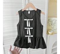 Blusa dalla texture intrecciata e effetto color block per ragazze, con fiocco, balze e orlo, adatta per primavera/estate, uscite casual, viaggi primaverili, ritorno a scuola 8Y,9Y,10Y,11Y,12YColore un
