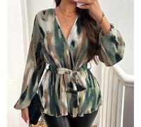 Blusa donna a vita stretta con scollo a V, in maglia, con effetto tie-dye e sfumature di colore acquerellato L,M,S,XLTie DyeTessuto in maglia