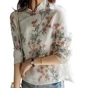 Blusa Donna Elegante,Camicette Estive Da Donna Camicia Con Collo Alla Coreana Camicia Abbottonata Camicia A Maniche 3/4 Camicia Qipao In Lino Di Cotone Tradizionale Etnica Camicetta Casual Da Festa