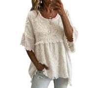 Blusa Donna Estate - Elegante Boho Tunica Cotone Casual Camicetta Maniche a 3/4 T-Shirt con Frange Scollo a V Vestibilità Ampia Camicia Vintage Curvy Vacanza Top Spiaggia Mare Morbido (A35,XXL)