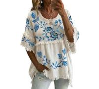 Blusa Donna Estate - Elegante Boho Tunica Cotone Casual Camicetta Maniche a 3/4 T-Shirt con Frange Scollo a V Vestibilità Ampia Camicia Vintage Curvy Vacanza Top Spiaggia Mare Morbido (A30,M)