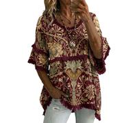 Blusa Donna Estate - Elegante Boho Tunica Cotone Casual Camicetta Maniche a 3/4 T-Shirt con Frange Scollo a V Vestibilità Ampia Camicia Vintage Curvy Vacanza Top Spiaggia Mare Comodo (A16,XXL)