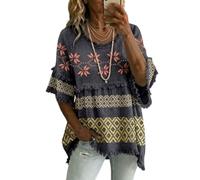 Blusa Donna Estate - Elegante Boho Tunica Cotone Casual Camicetta Maniche a 3/4 T-Shirt con Frange Scollo a V Vestibilità Ampia Camicia Vintage Curvy Vacanza Top Spiaggia Mare Fresco (A39,XL)