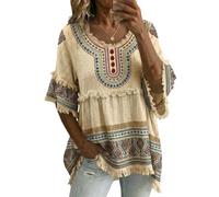 Blusa Donna Estate - Elegante Boho Tunica Cotone Casual Camicetta Maniche a 3/4 T-Shirt con Frange Scollo a V Vestibilità Ampia Camicia Vintage Curvy Vacanza Top Spiaggia Mare Morbido (A28,S)
