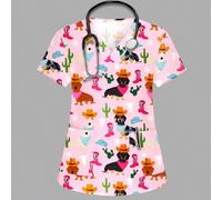 Blusa donna rosa con scollo a V, maniche corte, doppia tasca, con stampa carina di cani, adatta come divisa da infermiera/dottore, uniforme da toelettatura per animali domestici, camice da laboratorio