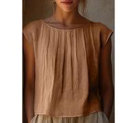Blusa elegante da donna con design plissettato sul busto, camicia a collo tondo, colore unito versatile, adatta per tutte le stagioni, lavabile in lavatrice, adatta per occasioni casual o formali esti