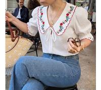 Blusa elegante da donna per l'estate, camicia a maniche corte con colletto Peter Pan di colore bianco, con delicata ricamo floreale, adatta per uso quotidiano e vacanze casual L,M,S,XLFrutta & verdura
