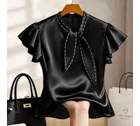 Blusa elegante da donna taglie forti con scollo a fiocco, volant e maniche corte, nera, estiva, formale per la Festa degli Insegnanti e come ospite a un matrimonio 0XL,1XL,2XL,3XL,4XLColore unicoTessu