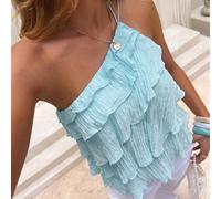 Blusa elegante e romantica in chiffon rosa con una spalla, schiena scoperta e volant multistrato, nuova per primavera/estate, per appuntamenti, San Valentino e stagione dei matrimoni, top sexy con vol