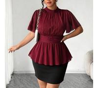 Blusa elegante e versatile con maniche a pipistrello e vita stretta, adatta per la primavera/estate, colore rosso borgogna, per outfit casual ed eleganti, stile occidentale, ultima per le donne, bluse