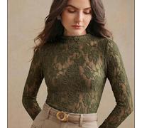 Blusa elegante in pizzo a maniche lunghe, verde oliva, con silhouette aderente e sagomata, adatta per l'ufficio, gli appuntamenti e le cene L,M,S,XL,XS,XXLPianteTessuto in maglia