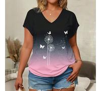 Blusa estiva con scollo a V e maniche a pipistrello, motivo floreale, comoda e casual, adatta per le vacanze, sfumatura ombré nero e rosa, taglie comode 0XL,1XL,2XL,3XL,4XLstampa dappertutto,Motivo st