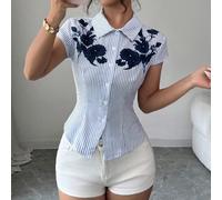 Blusa estiva elegante e casual da donna in stile europeo e americano con maniche corte, vita stretta e stampa a linea A, adatta per il pendolarismo, lo shopping e varie occasioni L,M,S,XLRitrattoTessu