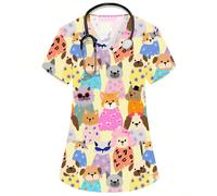 Blusa gialla da donna con scollo a V e maniche corte, con due tasche, caratterizzata da simpatiche stampe di animali come gatti colorati e divertenti, adatta per uniformi di infermiere, medici, veteri