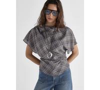 Blusa in chiffon con stampa a quadri, scollo a barca, maniche corte a farfalla, dettaglio arricciato laterale, vestibilità ampia e fluida, top primavera estate L,M,S,XL,XS,XXL,XXS,XXXL,XXXXLstampa dap