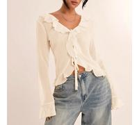 Blusa in chiffon da donna con balze, elegante blusa trasparente a maniche lunghe e tinta unita, adatta per appuntamenti romantici, uscite con gli amici, vacanze, uso elegante quotidiano L,M,S,XL,XS,XX