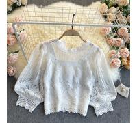 Blusa In Pizzo Floreale Per Donne, Top Corto, Maniche A Palloncino, Casual Retro