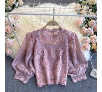 Blusa In Pizzo Floreale Per Donne, Top Corto, Maniche A Palloncino, Casual Retro