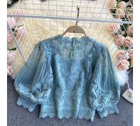 Blusa In Pizzo Floreale Per Donne, Top Corto, Maniche A Palloncino, Casual Retro