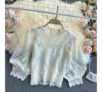 Blusa In Pizzo Floreale Per Donne, Top Corto, Maniche A Palloncino, Casual Retro