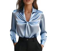Blusa in raso a maniche lunghe con scollo a V per donna, top eleganti e sottili in seta per la classica camicia da lavoro da ufficio per donna, abiti semplici e raffinati per l'abbigliamento casual