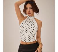 Blusa in raso con collo alto e schiena aperta, a pois beige e neri - Stile elegante vintage da corte, adatta per appuntamenti, feste, stile Y2K, occasioni festive e compleanni Petite XXS,Petite XS,Pet