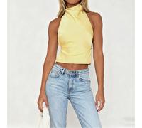 Blusa in raso con scollo alla halter e schiena scoperta da donna, colore giallo, di moda e sexy, top casual monocromatico adatto per San Valentino, appuntamenti, raduni, feste, viaggi, vacanze, spiagg