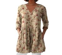 Blusa Lino Donna Elegante Lungo Scollo a V Comodo Tunica Traspirante Leggero Classica Oversize Camicetta Vacanza Tinta Unita Fantasia Top Ufficio Moda Spiaggia Vintage Maglia Tees