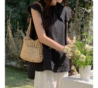 Blusa nera ampia senza maniche da donna, con colletto Peter Pan ricamato, stile resort, adatta per l'estate e le vacanze L,M,S,XLTessuto intrecciato