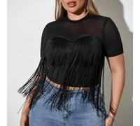 Blusa nera estiva elegante e oversize con decorazione a frange trasparente, adatta per viaggi, vacanze, festival di musica country, concerti, attività all'aperto 0XL,1XL,2XL,3XL,4XL,5XLBlocchi di colo