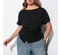 Blusa nera oversize con orlo asimmetrico, vita arricciata e maniche corte, stile vacanziero casual e vintage, adatta per crociere, minimalista di lusso per il Medio Oriente, essenziale e versatile per