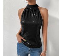 Blusa nera romantica da donna con laccetti sulla schiena e collo a canottiera, top senza maniche con paillettes, elasticizzato, sexy, adatto per appuntamenti, feste, discoteche, strada, San Valentino,
