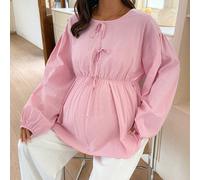 Blusa pullover rosa con collo rotondo ampio, decorazione fiocco, maniche a lanterna lunghe, nuovo top premaman primavera/autunno L,M,S,XLColore unicoCotone