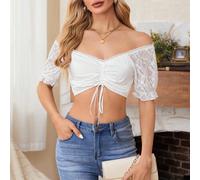 Blusa tipo Dirndl per donna, per costumi Oktoberfest autentici, tradizionale stile bavarese, top corto con spalle scoperte e pizzo L,M,S,XL,XXLBlocchi di colore,Colore unicoTessuto in maglia
