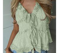Blusa verde da donna, blusa verde in pizzo, dolce e romantica, adatta per primavera, estate, autunno e inverno, feste di Natale, vacanze, casual per casa, strada e spiaggia. Canotta con volant e lacci