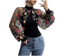 Blusa Versatile da Donna in Stile retrò con Rete Trasparente Motivo Floreale Maniche A Palloncino Bolero Y2K Moda Casual Tendenza Streetwear Perfetta per Uscite E Feste (Nero,M)
