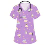 Blusa viola da donna con scollo a V e maniche corte, con due tasche, caratterizzata da simpatiche stampe di animali come orsetti cartoni animati, adatta per uniformi di infermiere, medici, veterinari,